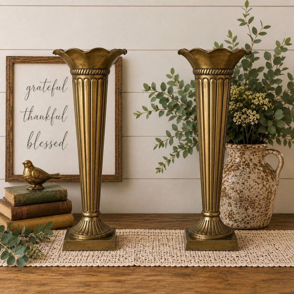 Vintage 2003 Market Bazaar Target Brass Vases Pair 20"  India Fluted Pedestal